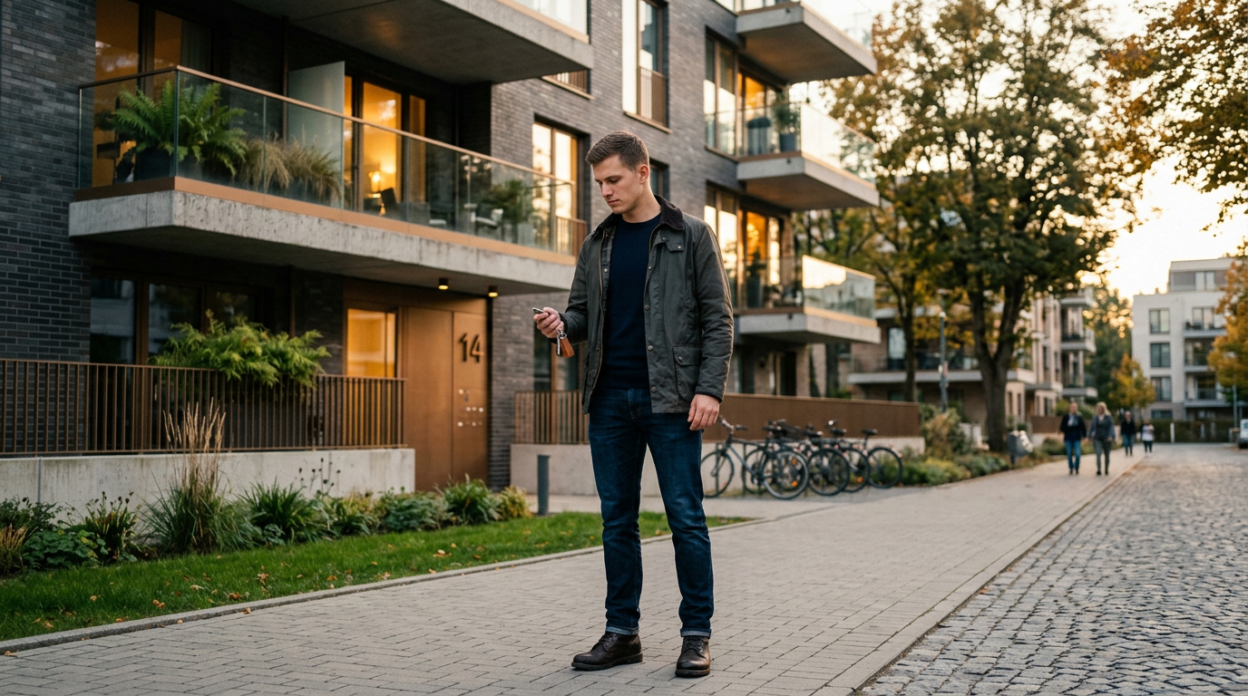 Soldat vor moderner Wohnimmobilie in Deutschland